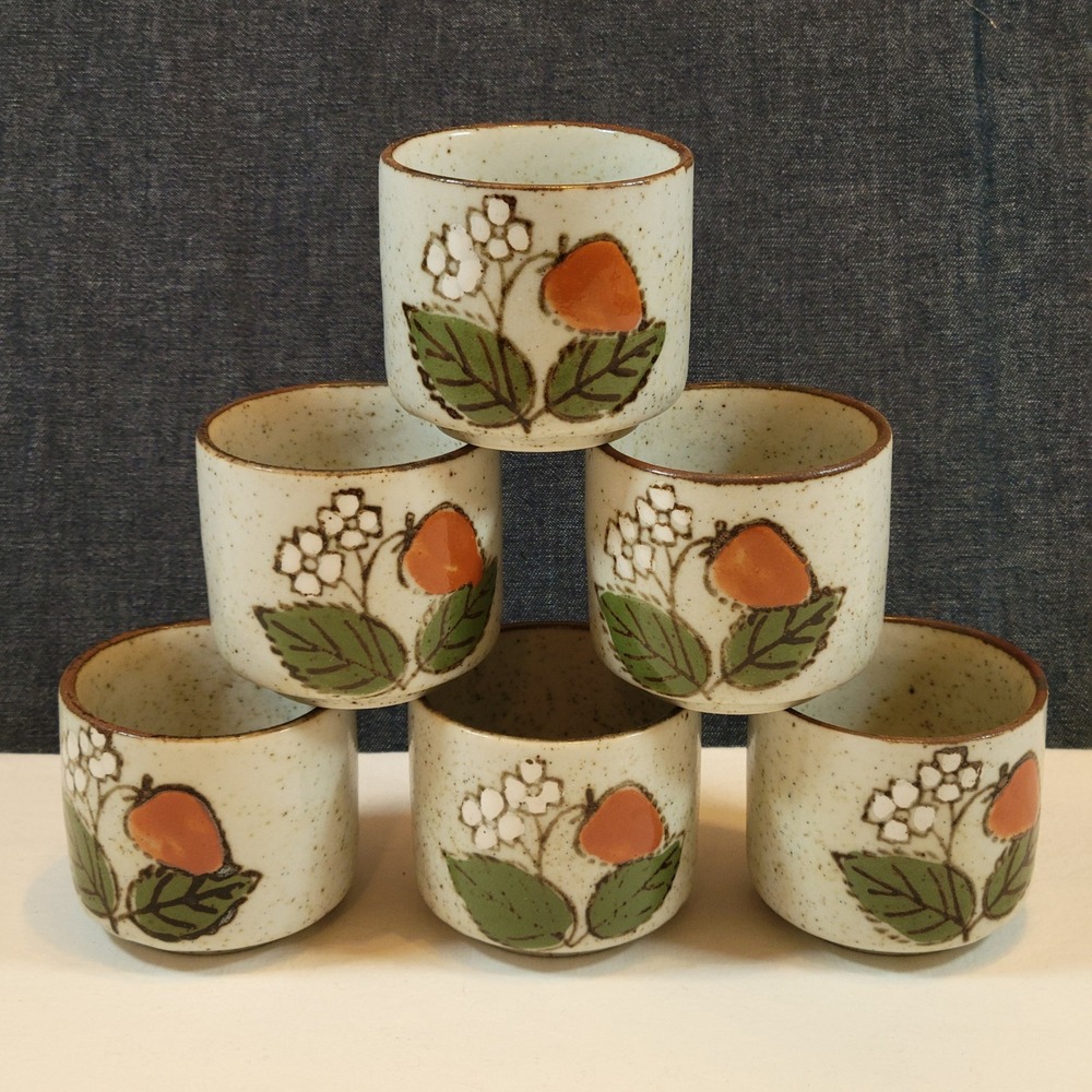 Vintage Japanese Stoneware Strawberry Sake Cups Set of 6 Speckled Hand Painted